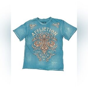 Affliction Kids Teal Blue Cream Graphic Tee Shirt M